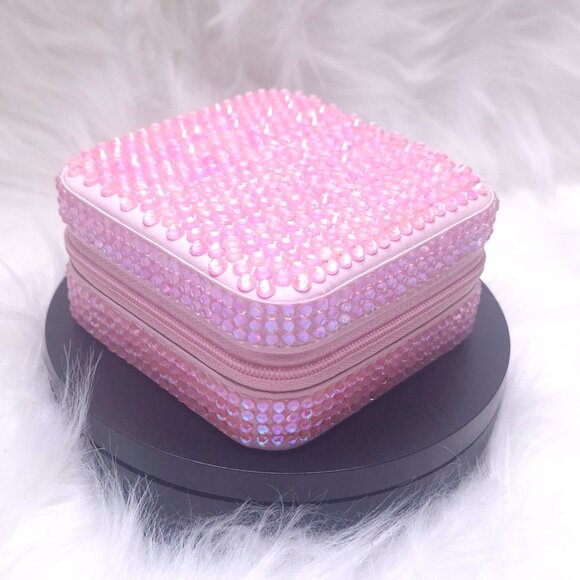 Small Pink Jewelry Box with Dazzling Aurora Pink Rhinestones, Bling, Bedazzle - Picture 1 of 9